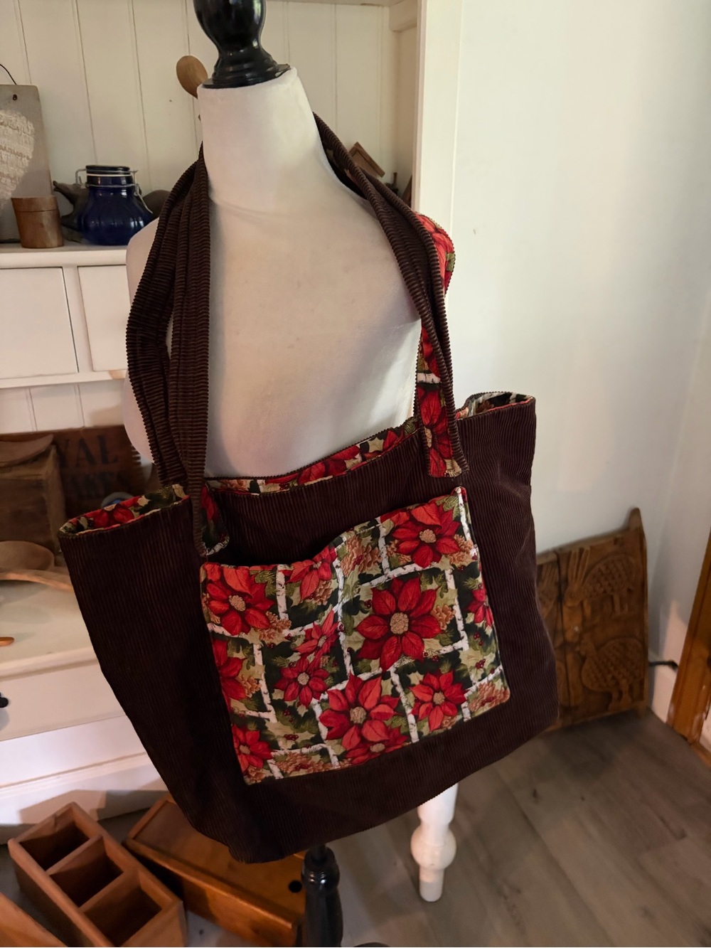 Hand Made Christmas Brown Corduroy Tote Bag with Red Floral Pocket. Reversible.
